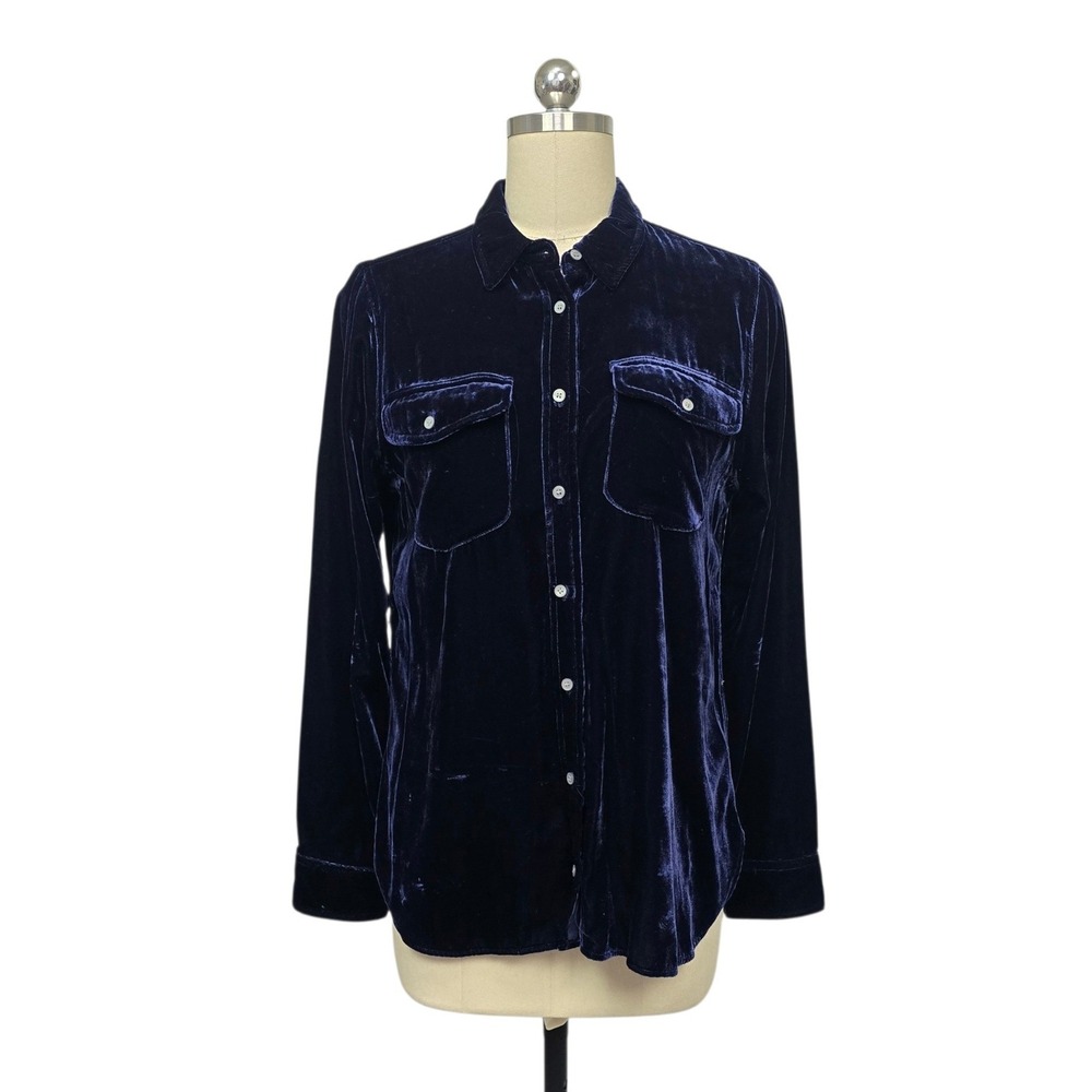 J.Crew Womens Navy Blue Velvet Button Down Long Sleeve Shirt Size 8 Pockets